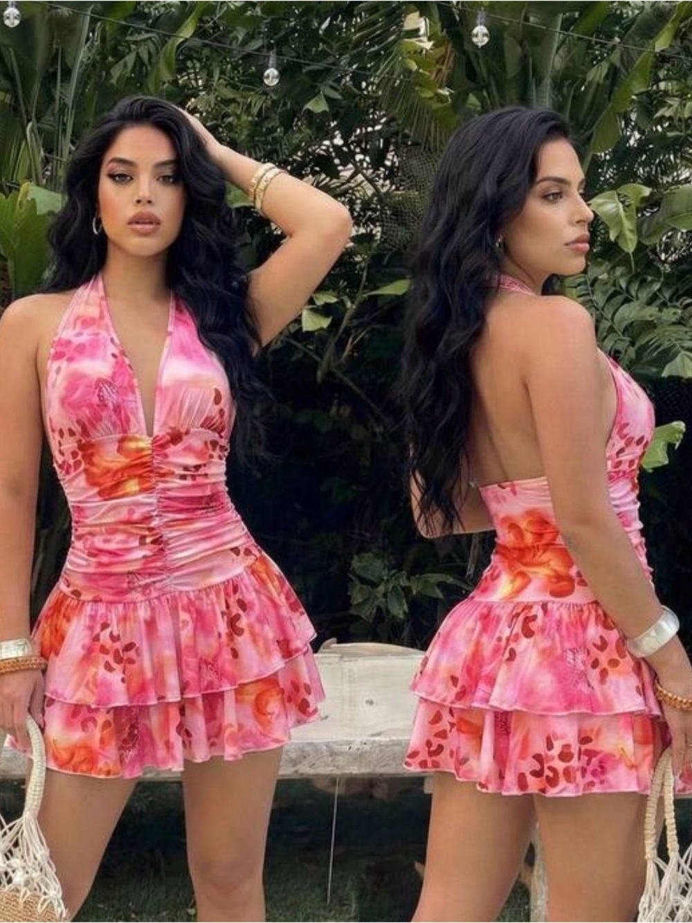 Halter Neck Pink Floral Tiered Mini Dress